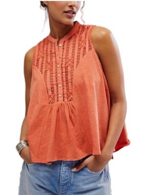 Free People Women's Sunkissed Lace Inset Sleeveless Top Orange -Sz. Med. -EUC